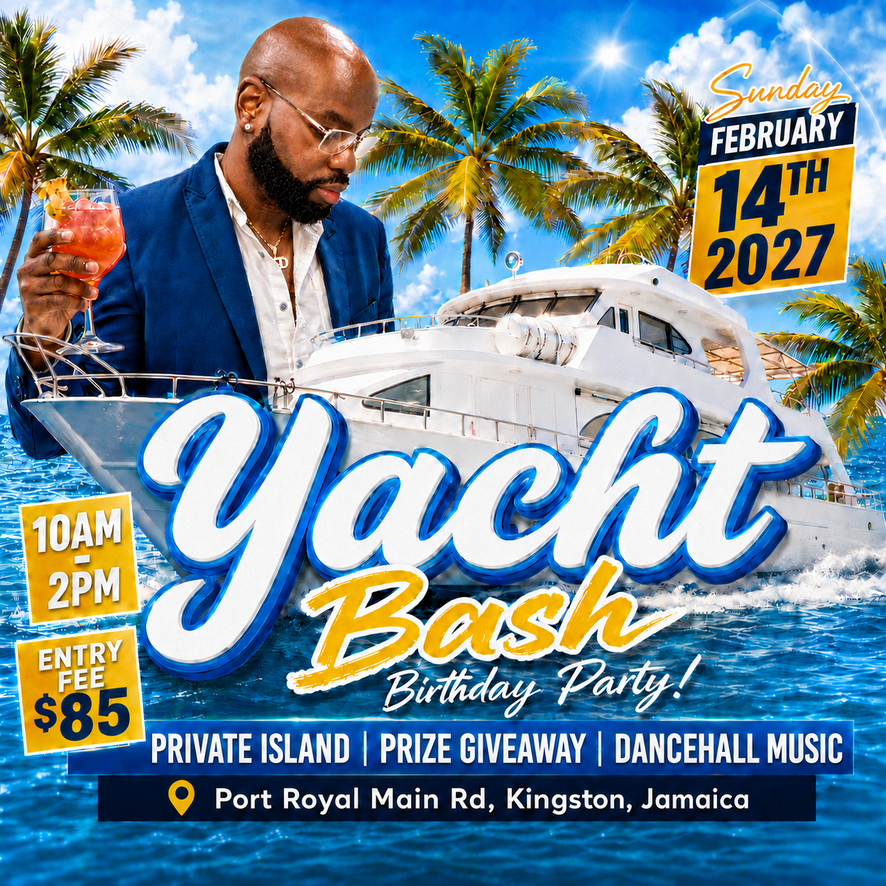 Yacht Bash birthday party flyer with event details